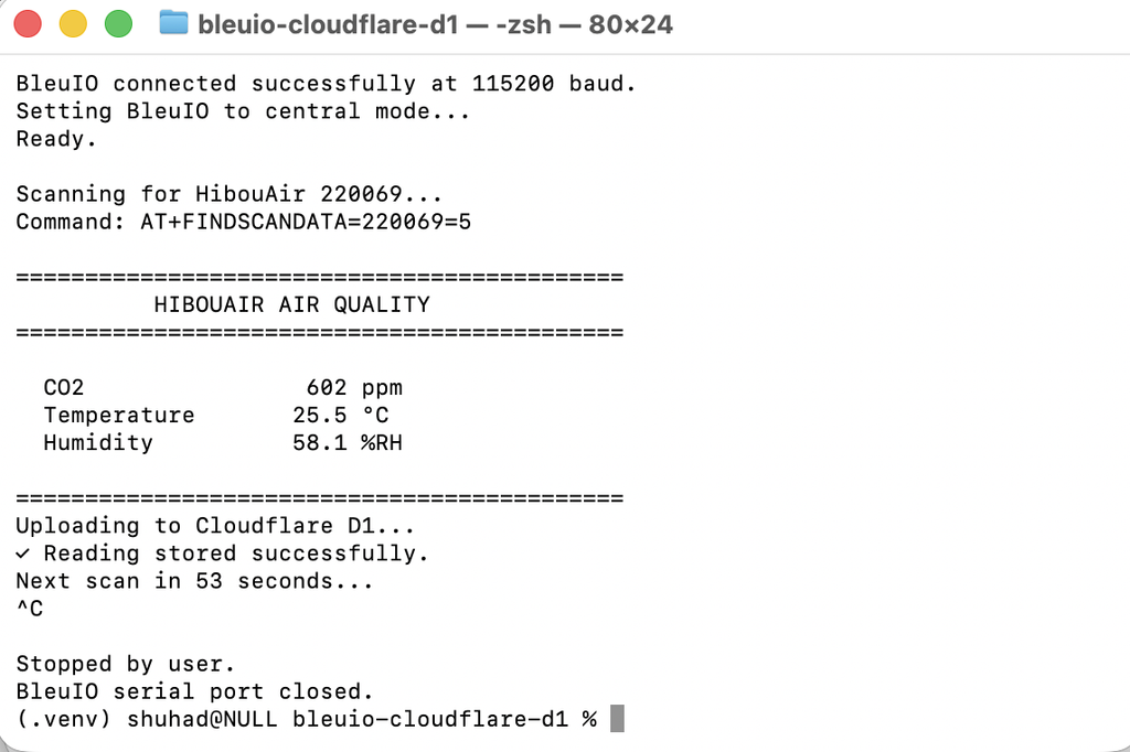 Data Base Scanner Send BLE Air Quality Data to Cloudflare D1 with BleuIO